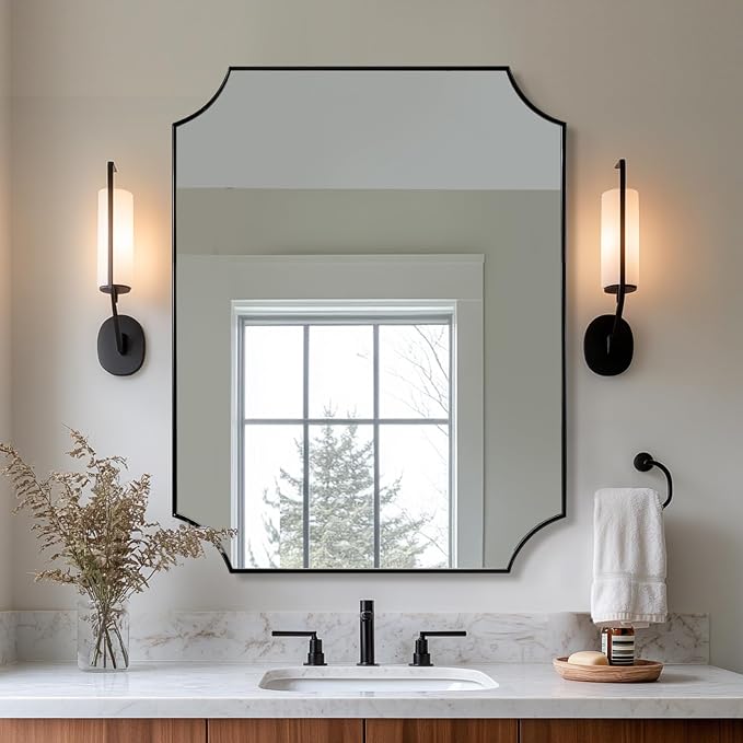 ANDY STAR Bathroom Vanity Mirror, 28x36 Inch Matte Black Mirror, Modern Scalloped Mirrors for Bathroom, Unique Wall Mirror with Aesthetic Scalloped Corner Design