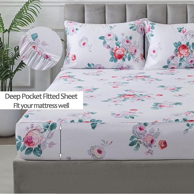 FADFAY Red Vintage Peony Floral Queen Size Sheets Set 100% Brushed Cotton Shabby Purple Rose Pattern Bedding Set Deep Pocket Sheets with 2 Pillowcases Luxury Breathable Soft 4pcs, Queen Size