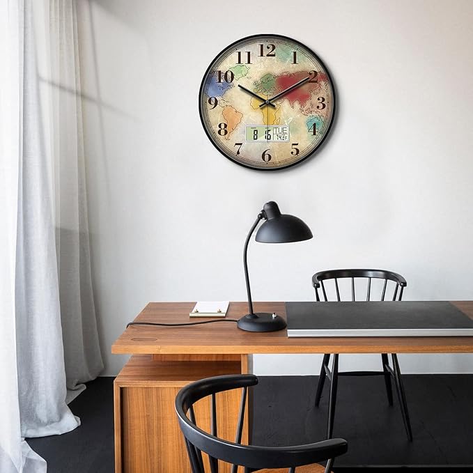 Vintage World Map Wall Clock, 14 Inch Silent Non-Ticking Battery Operated Analog Clock with LCD Date Day Temp Display, Decorative for Living Room, Bedroom, Kitchen, Study, Dining Room
