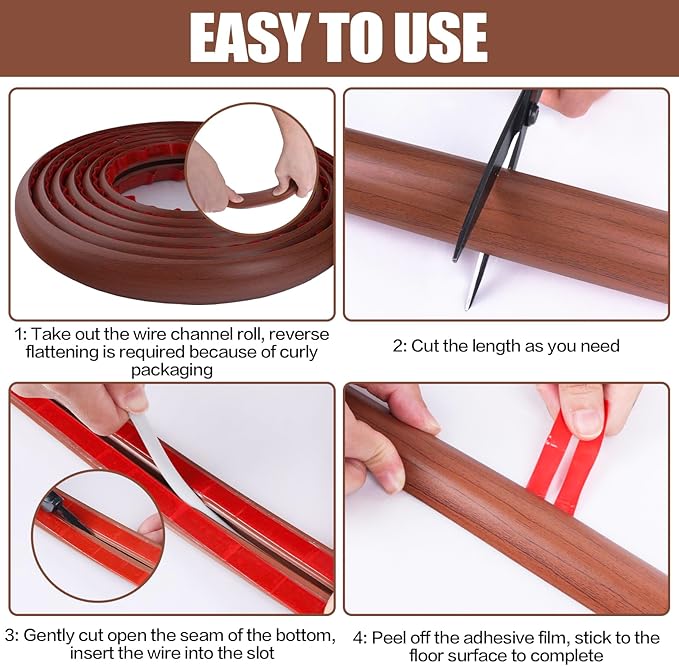 Floor Cord Cover Cavity 0.8"x0.37" Self Adhesive Cord Hider, 10FT Low Profile Cable Management, Extension Strip Protector for Wires, Prevent Cable Trips for Offices, Gyms, Exhibitions（Red Teak）