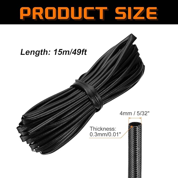 MECCANIXITY 49ft Braided Cable Sleeve, 5/32" ID 200C High Temperature 1500V Fiberglass Wire Insulation Cord Protector Organizer Wires Management for Motor Engine Fuel Line, Black