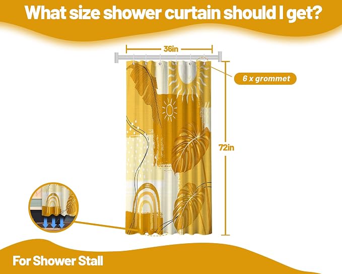 Small Stall Shower Curtain Rv Mustard Yellow Boho, 36 x 72 Inchs | for Camper Stand Up Shower, Modern Pattern Design, Narrow Bathroom Decor Sets Waterproof Cloth Fabric, with Hooks