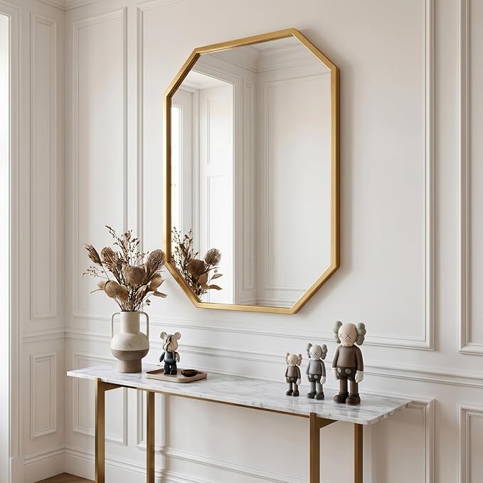 24 x 36 Inch Gold Octagon Wall Mirror, Modern Metal Framed Octagonal Bathroom Mirror, Decorative Wall Mounted Mirror for Vanity, Living Room, Bedroom & Entryway