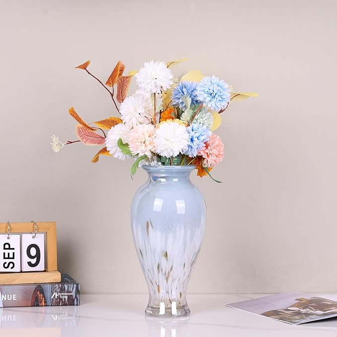 Hand Blown Glass Vase 11.8" Tall Beautiful Blue White Sea Wide Mouth Bud Vase for Table Centerpiece, Painted Colorful Murano Glass Flower Vases for - Home Entrance Wedding Center