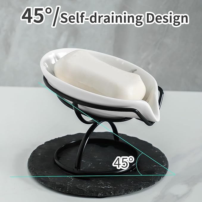 Dobbyby Leaf-Shaped Soap Dish – Premium Ceramic Soap Bar Holder with Self-Drainage System – Bar Soap Holder for Shower, Bathroom Sink, Kitchen – Waterfall Soap Dish with Stainless Steel Stand (Black)