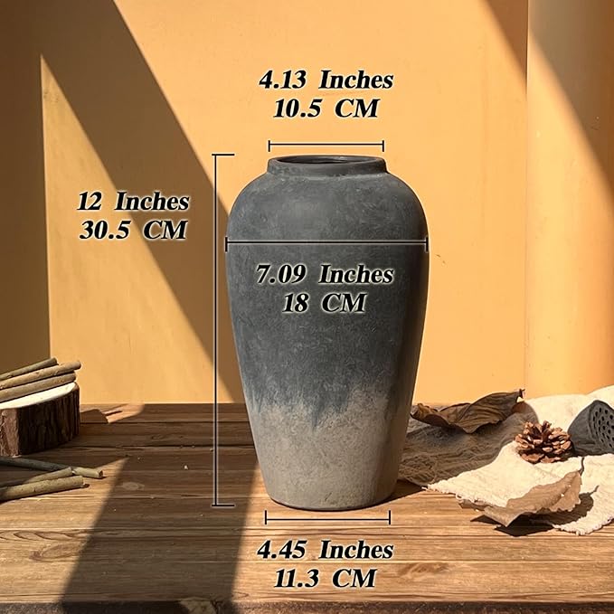 12 Inch Rustic Ceramic Vase, Black Flower Vases for Centerpieces, Farmhouse Decor for Living Room, Entryway & Kitchen, Vintage Pottery Vase for Wedding Gifts