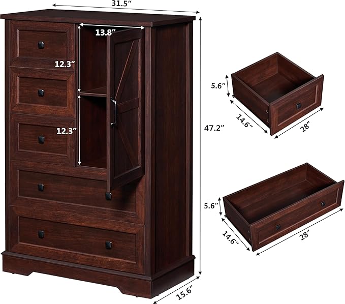 SOOWERY Dresser for Bedroom, Farmhouse Dresser with 5 Wooden Drawers and Storage Cabinet, 48 Inches Tall Chest of Drawers for Bedroom, Living Room, Hallway, Dark Cherry
