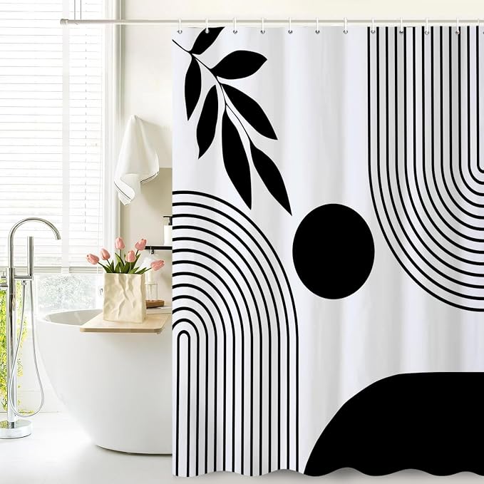 Long Boho Shower Curtain Mid Century Modern Shower Curtains for Bathroom Black and White Geometric Minimalist Abstract Bohemian Waterproof Fabric Bathroom Shower Curtain Set 72x78 Inch