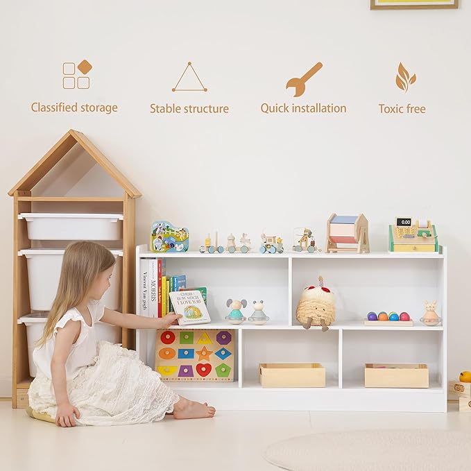 5-Section Wooden Toy Shelf for Kids, Montessori Shelf Storage with Open Shelving & Customizable Layout | Safe, Sturdy Design for Kids Room, Classroom & Playroom White