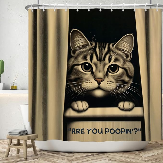 Cat Shower Curtains Cute are You Poopin' Funny Humorous Animal Whimsical Bathroom Curtain Curious Joke Cat Shower Curtain Sets for Bathroom Extra Long 66x72 in with 12 Hooks