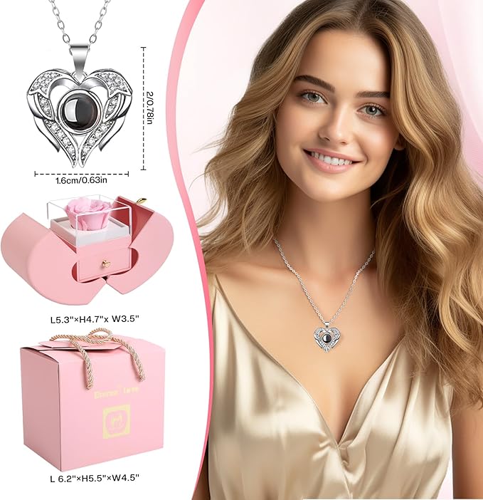 Preserved Real Pink Rose with I Love You Necklace 100 Languages, Gifts for Girlfriend, Women, Mom, Wife, Gifts Idea on Christmas, Valentine's Day, Mother's Day, Birthday, Anniversary, Thanksgiving