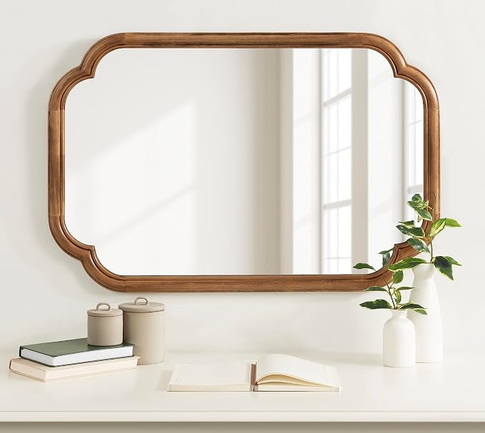 Kate and Laurel Glenby Transitional Scalloped Wall Mirror, 24 x 36, Rustic Brown, Wooden Farmhouse Bathroom Mirror with Rounded and Stepped Frame Profile