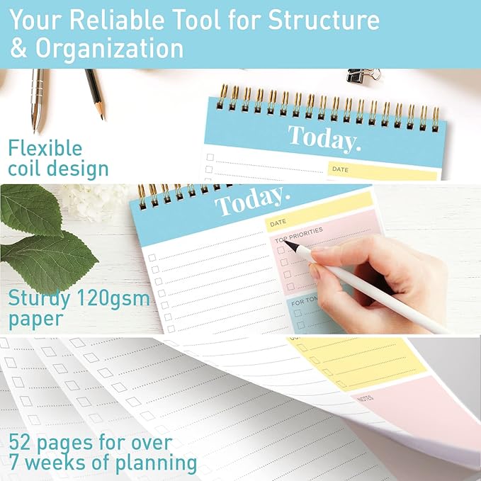 Sweetzer & Orange Daily & Weekly To Do List Notepad – Undated Work Planner & Organizer with Wish List Section, 52-Sheet Coiled Task Pad for Productivity – TURQUOISE To Do List Notebook for Work