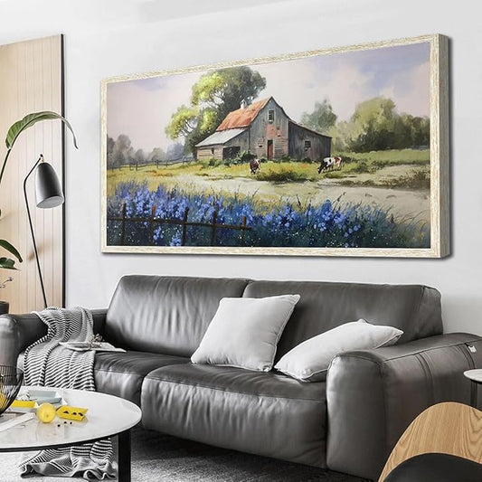 Ardemy Farmhouse Canvas Wall Art Large Framed Vintage Farm Cow Pictures Wall Decor Living Room Village Nature Painting Artwork Wall Art Bedroom Dining Room Home Office, 40"x20"