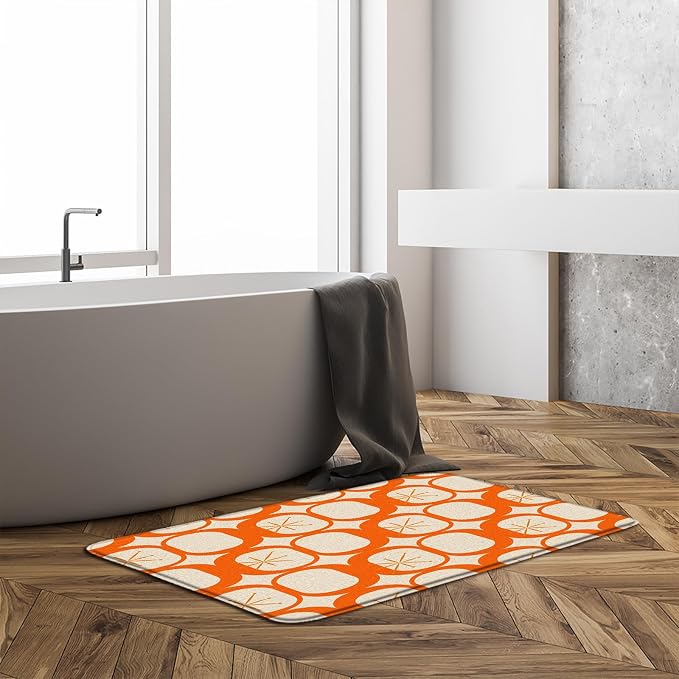 Mid Century Modern Bath Mat Abstract Atomic Geometric Retro 1950s Orange Bathroom Kitchen Toilet Rugs,20x31 Inch