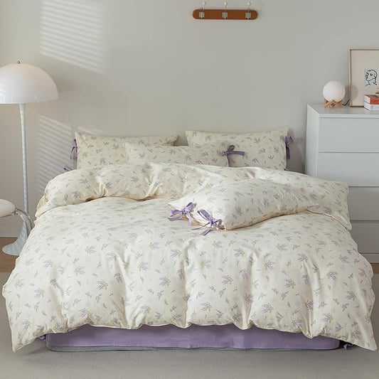 VM VOUGEMARKET Cotton Duvet Cover Set Queen,3 Pieces Purple Floral Bedding Set,Girls Lavender Flower Duvet Cover with Zipper Closure-Queen,90x90 Inch