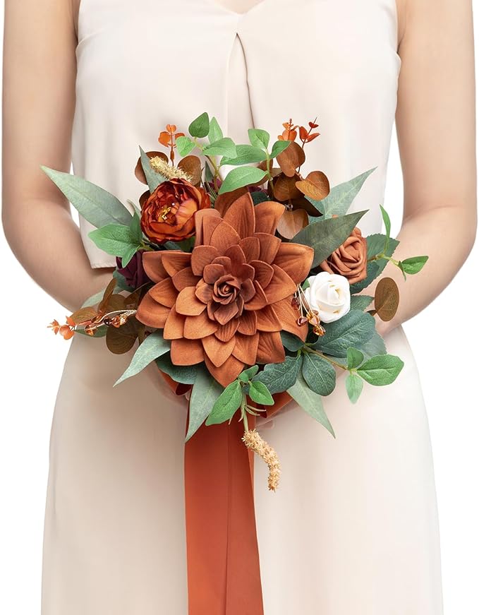 Ling's moment Burnt Orange Bridesmaid Bouquet, Terracotta Wedding Bouquets for Bridesmaids, 7 Inch Bridal Bouquets for Bridesmaids, Wedding, Ceremony, Anniversary, etc.