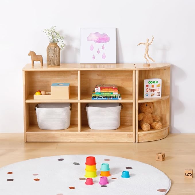 OOOK Rubber Wood 4-Compartment Wooden Storage Cabinet, 35.4" L, 2-Tier Toy Organizers and Storage, Montessori Shelf for Kids Room, Playroom, Nursery, Classroom, Kindergarten
