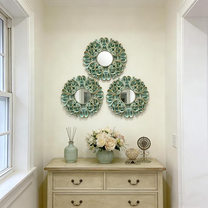DXYAKY 3 Pack Floral Ornate Decorative Wall Mirror - Elegant Mint Green with Gold Accents, 9.8" Plastic Round Mirror Set, Lightweight Wall Art Décor for Bedroom, Bathroom, Living Room & Entryway