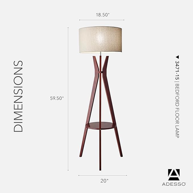 Adesso Floor Lamp with Walnut Wood and Oatmeal Linen Lampshade – 3-Way Adjustable Brightness, Lamp with Shelf for Bedroom, Living Room, and House Décor, 59.5” x 20”