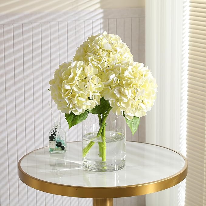 3Pcs Hydrangea Artificial Flowers, 22.44" Real Touch Latex Faux Hydrangea with Long Stems & Leaves for Home Office Decor or Wedding, Party, Centerpieces, Floral Arrangements (Cream White)