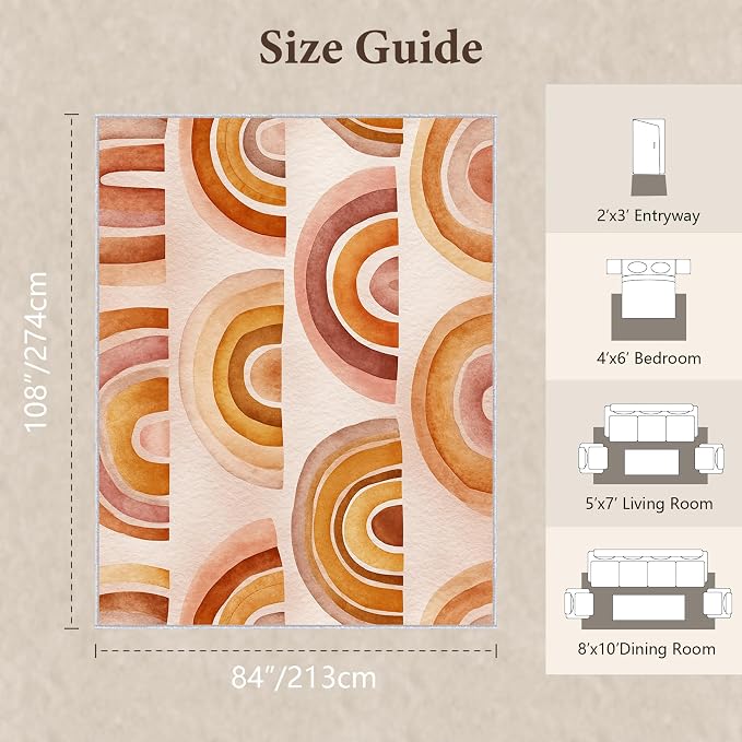 Retro Arcs Area Rug 7x9, Minimalist Arch Pattern Rug, Modern Retro Neutral Carpet for Living Room Bedroom, Non Slip Washable Rug
