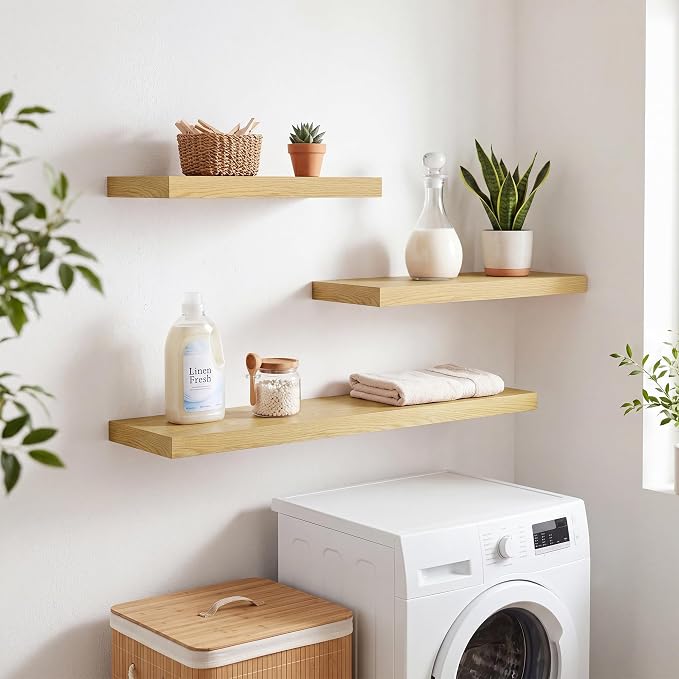 RICHFOCUS 20Inch Floating Shelves for Wall 2 Pack Shelves for Bedroom|Kitchen|Bathroom|Laundry Room Rustic Wood Wall Mounted Shelf with Invisible Brackets for Books|Storage|Decor, Oak