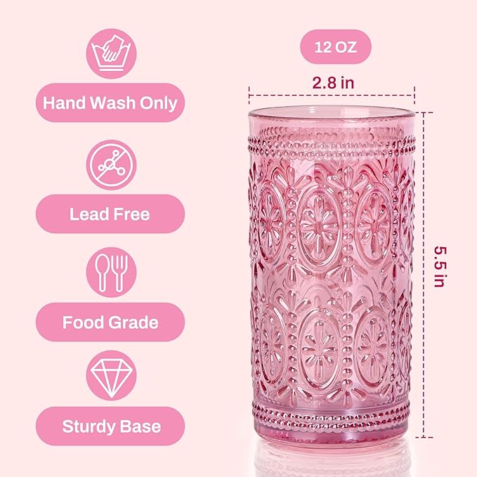 Darlion Pink Drinking Glasses, Highball Glass Cups, Pink Glassware, Drinking Glasses Set of 8, Vintage Water Cups for Party Wedding Gift