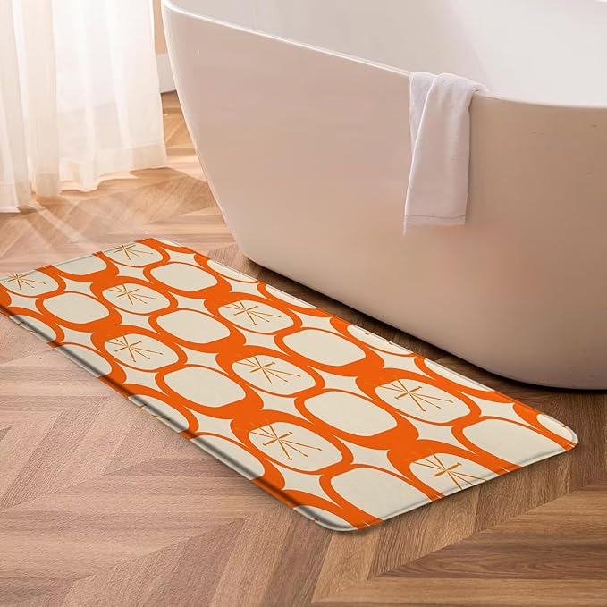 Mid Century Modern Bath Mat Abstract Atomic Geometric Retro 1950s Orange Bathroom Kitchen Toilet Rugs,18x48 Inch