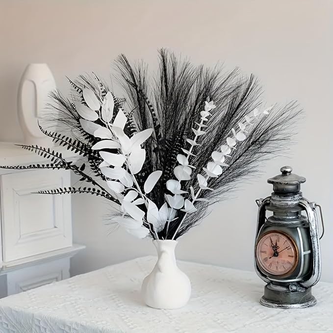Black and white artificial bouquet in minimalist Nordic style, featuring artificial eucalyptus leaves and pampas grass for home decor, perfect as a centerpiece for hotel desks or dining tables.