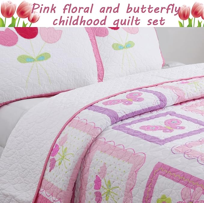 Cozy Line Home Fashions Pink Butterfly Tulip Floral Print Girl 100% Cotton Reversible Quilt Bedding Set, Coverlet, Bedspread (Twin - 4 Piece)