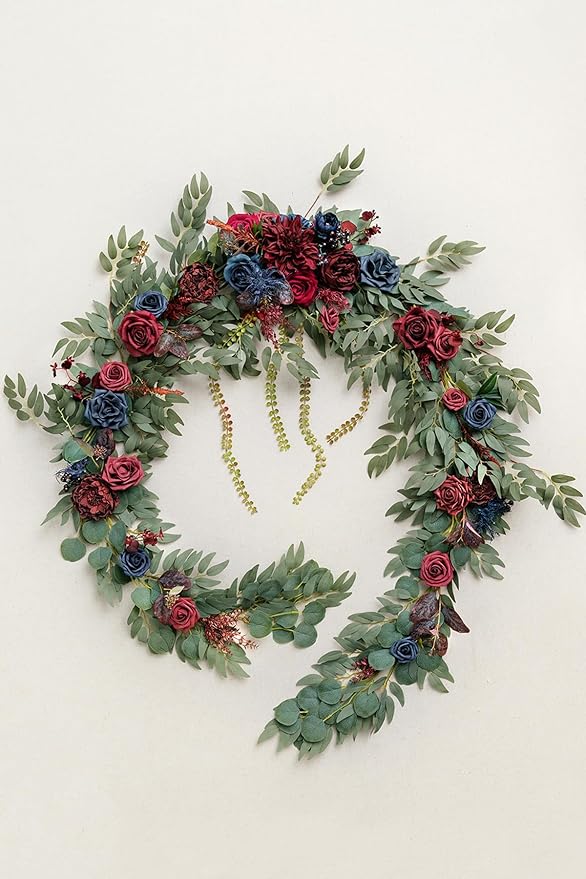 Ling's moment 9FT Eucalyptus and Willow Leaf Garland with White Flower, Handcrafted Wedding Sweetheart Table Centerpieces Head Table Decor Arch Backdrop Decorations for Wedding | Burgundy