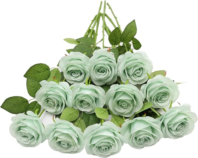 Artificial Rose Flower Artificial Flowers Flower with Long Stem Silk Roses Bouquet for Wedding Bridal Shower Party Home Decoration (Sage Green, 12 Pcs)