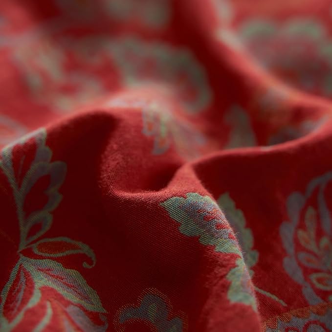 mixinni Exquisite Vintage Red Floral Duvet Cover Queen Size Yarn-Dyed Jacquard Textured Design Duvet Cover Set with Green Edge Design Premium Muslin Cotton-Linen Bedding Set for All Season-Queen Size