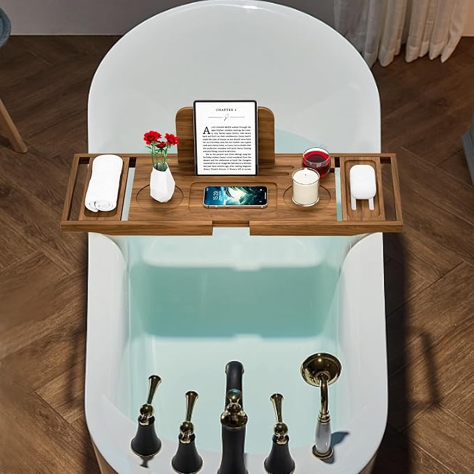 Premium Teak Bathtub Tray Caddy, Expandable Wooden Bath Tray for Bathub, Luxury Bathtub & Bathroom Accessories, Great House Warming, Anniversary & Wedding and Birthday Gifts