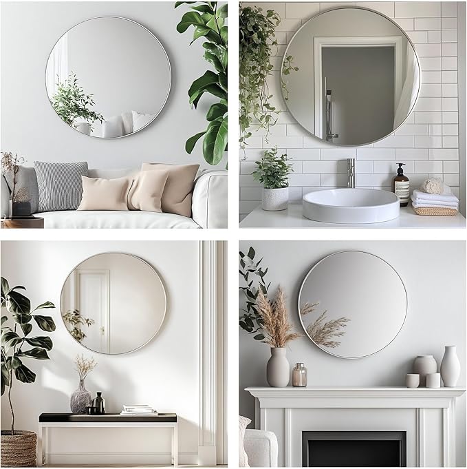 Oruii Silver Round Mirror, Round Mirror 24 inch Brushed Nickel, Circle Wall Mirrors Metal Frame, Silver Circular Mirrors for Bathroom, Wall, Living Room, Entryway, Hallway, Vanity, Rustic