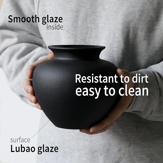 Black Ceramic Flower Vase, Decorative Jar Modern Centerpiece Table Decorations,Rustic Ceramic vases for Home Decor Dining Room,Wide Mouth Ceramic vase for Kitchen Utensils (Black, 0619)