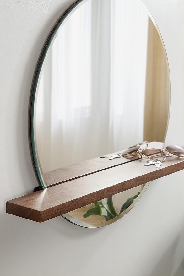 Kate and Laurel Fossett Frameless Round Wall Mirror, 24 Inch Diameter, Walnut Brown, Decorative Functional Mirror with Shelf for Storage and Display