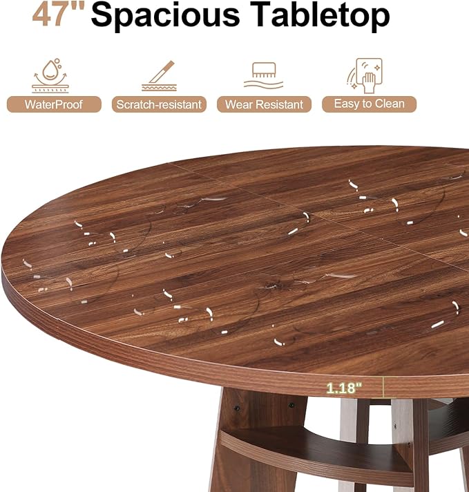47" Round Dining Table for 4-6 Walnut, Farmhouse Wood Circle Dinner Table, Dark Brown Wooden Circular Dinner Tables Easy Assembly for Dining Room/Kitchen/Living Room/Apartment (Table Only)