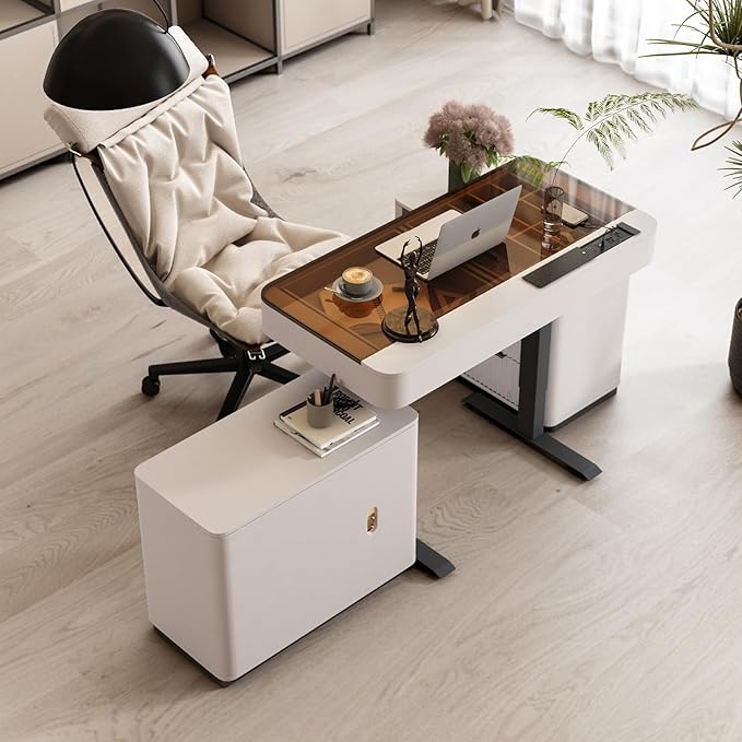 Lartis Office Desk, Electric Standing Desk with Built-in Outlets, Tempered Glass Top Modern Office Computer Desk with 2 Side cabinets (Ivory White, 50)