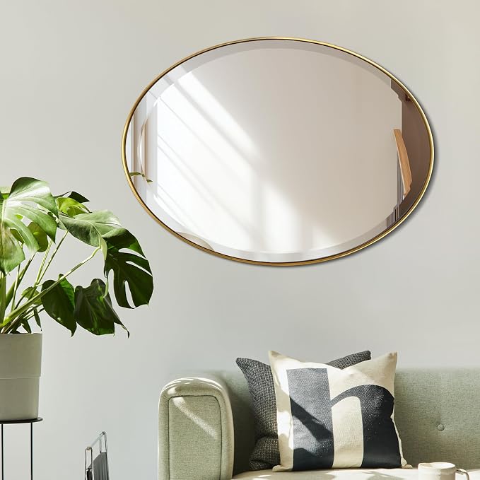 POZINO Oval Beveled Mirrors, 22"x30" Brush Gold Bathroom Vanity Mirror for Over Sink, Stainless Steel Frame Mirrors Modern Wall Mirror for Living Room Bedroom Entryway, Horizontal Or Vertical ﻿