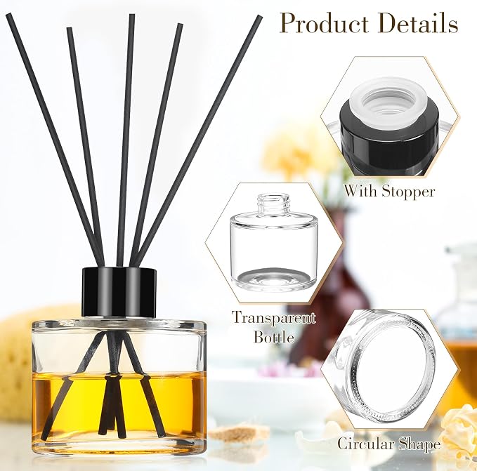 Chunful 4 Sets Reed Diffuser Bottle Empty Refillable Fragrance Glass Diffuser Bottles 100ml Round Glass Jars with Black Caps and Rattan Sticks for Living Room Home Replacement Fragrance DIY Decor