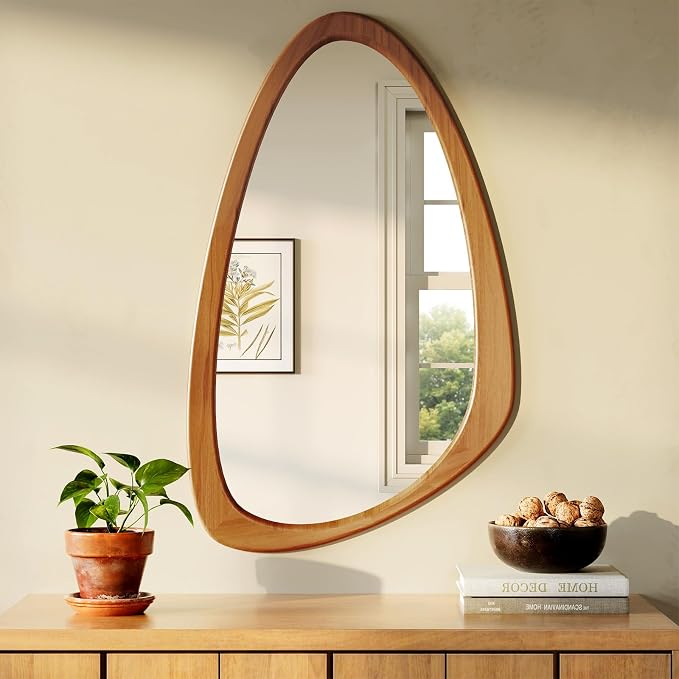 Asymmetrical Wall Mirror, 19x30 InchMid Century Modern Mirrors | Irregular Wall Mirror with Pine Wooden Frame for Living Room Bedroom Bathroom Entryway Hangs Horizontally or Vertically