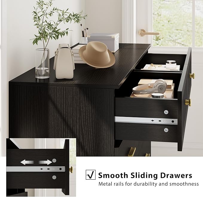 IBF Fluted Dresser with 6 Drawers for Bedroom, Large Wooden Chest of Drawers with Anti-Tipping Design for Men,Women, 54" Wide Modern Cloth Storage Dressers for Nursery,Closet,Living Room, Black Oak