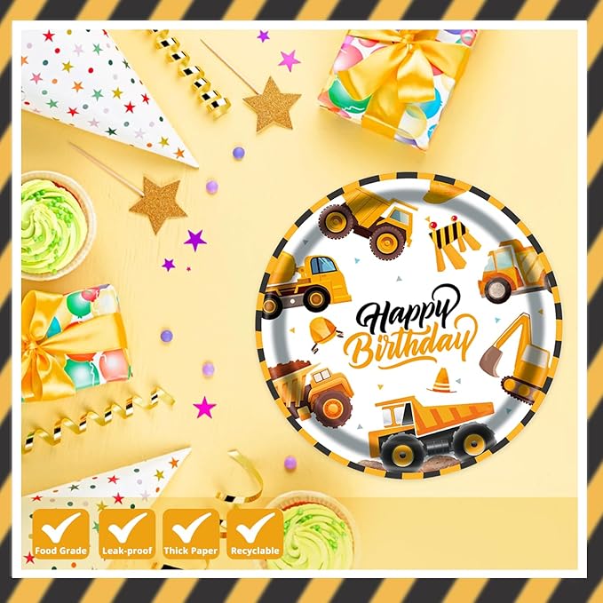 T-Antrix 40 Pcs Construction Plates And Napkins Party Supplies, Truck Birthday Decorations Disposable Paper Tableware Set for Boys Kids Construction Themed Birthday Party Serves 20