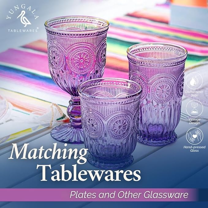 Purple Glassware, set of 6 purple drinking glasses small textured colored vintage glass cups,(Sunflower Goblets)