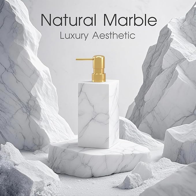 Real Natural Marble Soap Dispenser with Stainless Steel Pump Decorative Liquid Hand Soap Bottle for Kitchen Bathroom, Compatible with Lotion, Dish Soap Shower Gel (White 1 Set)
