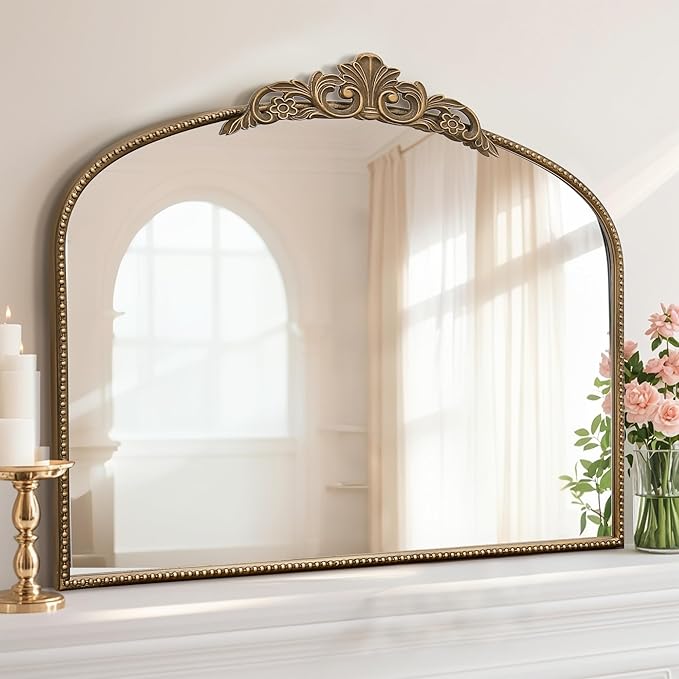 Micasso Large Vintage Gold Mirror: 40"x29" French Baroque Antique Arched Mirror - Traditional Ornate Decorative for Wall/Fireplace/Mantel/Entryway/Bathroom/Hallway - Home Decor for Living Room