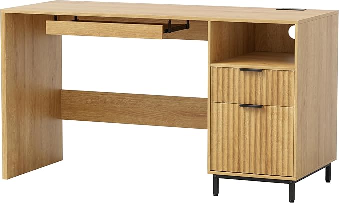 Fluted Executive Desk, 55" Modern Wood Home Office Desk with Charging Station, File Drawer, Open Storage, Computer Writing Desk for Work Study Writing, Natural Oak