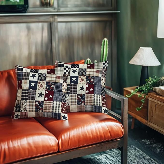 Printed Faux Patchwork Americana Throw Pillow Covers Set of 2 | Country Decorative Square Cushion Cases for Couch and Living Room | 18x18 Inches | Farmhouse Pillow Cases for Home Decor